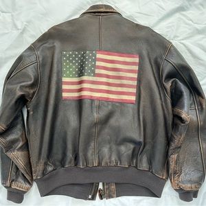 Vintage 90’s Avirex Pin-Up Girl Leather Bomber Jacket USA American Flag Polo-ish